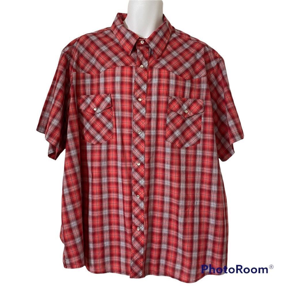Wrangler Men's Western Shirt 3XL Pearl Snap Plaid Red White Blue Short Sleeve